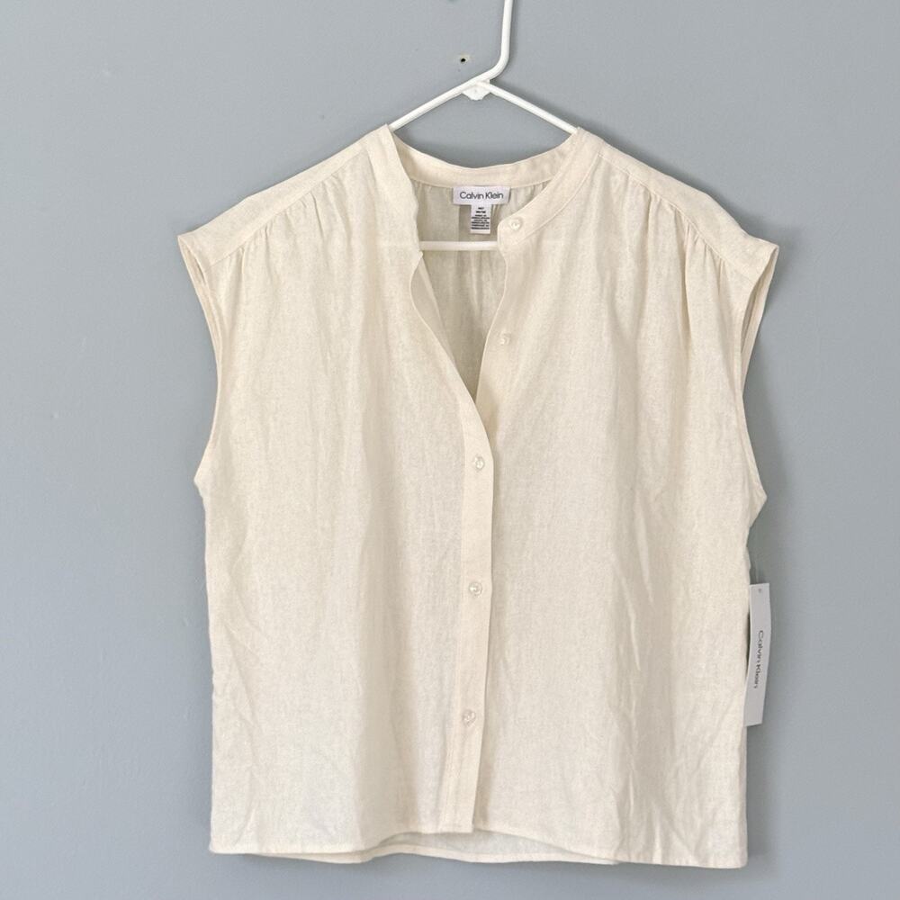 Calvin Klein Top Medium Cream Cap Sleeves Button Up Linen Blend NEW* Read